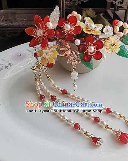China Ming Dynasty Pearls Tassel Hair Comb Traditional Hanfu Hair Accessories Handmade Ancient Imperial Concubine Agate Plum Hairpin