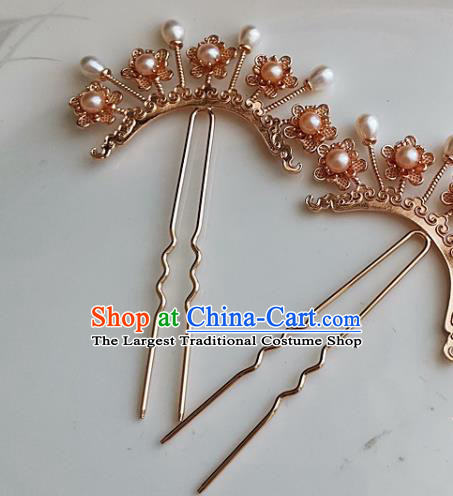 China Tang Dynasty Golden Plum Hair Comb Traditional Hanfu Hair Accessories Handmade Ancient Imperial Concubine Pearls Hairpin
