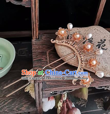 China Tang Dynasty Golden Plum Hair Comb Traditional Hanfu Hair Accessories Handmade Ancient Imperial Concubine Pearls Hairpin