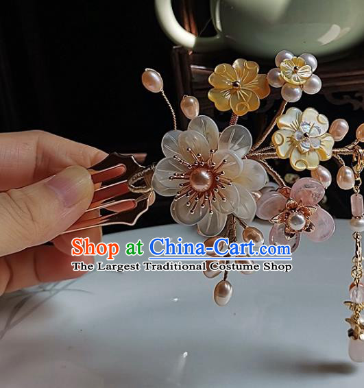 China Ming Dynasty Shell Peony Tassel Hair Comb Traditional Hanfu Hair Accessories Handmade Ancient Princess Pearls Hairpin