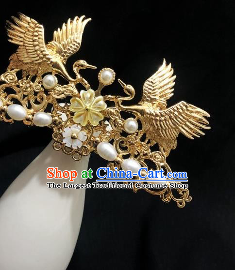 China Ming Dynasty Golden Cranes Hair Crown Traditional Hanfu Hair Accessories Handmade Ancient Empress Pearls Hairpin