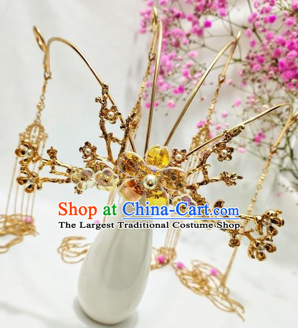 China Ming Dynasty Bride Golden Hair Crown Traditional Hanfu Wedding Hair Accessories Handmade Ancient Princess Headdress