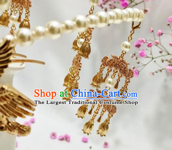 China Ming Dynasty Golden Cranes Hair Crown Traditional Hanfu Wedding Hair Accessories Handmade Ancient Princess Pearls Hairpin