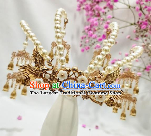 China Ming Dynasty Golden Cranes Hair Crown Traditional Hanfu Wedding Hair Accessories Handmade Ancient Princess Pearls Hairpin