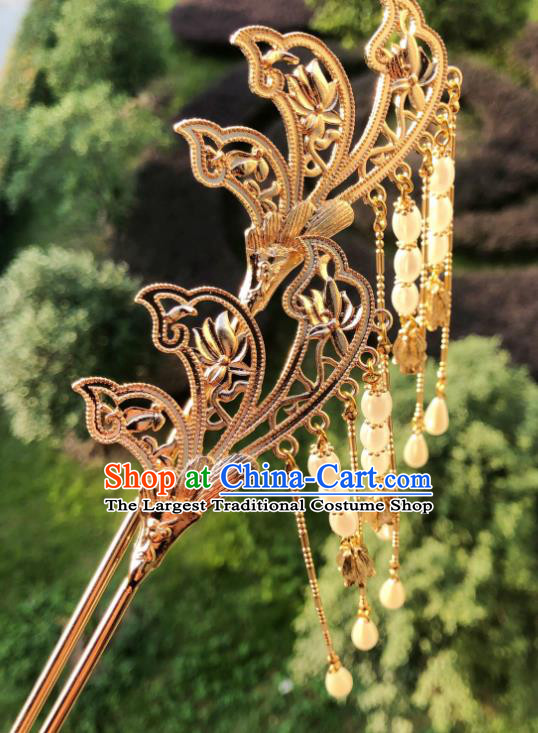 China Tang Dynasty Court Lady Golden Hair Stick Traditional Hanfu Hair Accessories Handmade Ancient Princess Tassel Hairpin