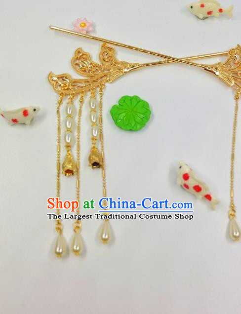 China Tang Dynasty Court Lady Golden Hair Stick Traditional Hanfu Hair Accessories Handmade Ancient Princess Tassel Hairpin