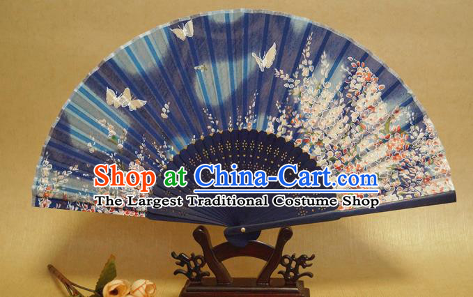 China Handmade Printing Sakura Butterfly Fans Traditional Dance Folding Fan Bamboo Fan Classical Deep Blue Silk Accordion
