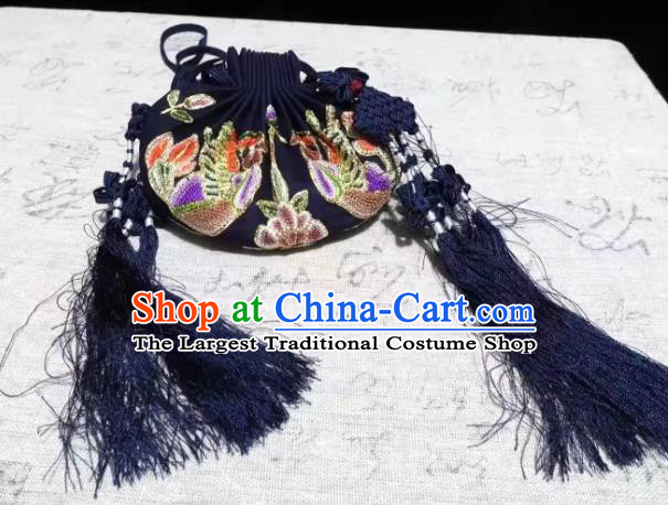 Chinese Ancient Princess Embroidered Sachet Traditional Hanfu Navy Silk Perfume Satchel Belt Pendant Ming Dynasty Waist Accessories