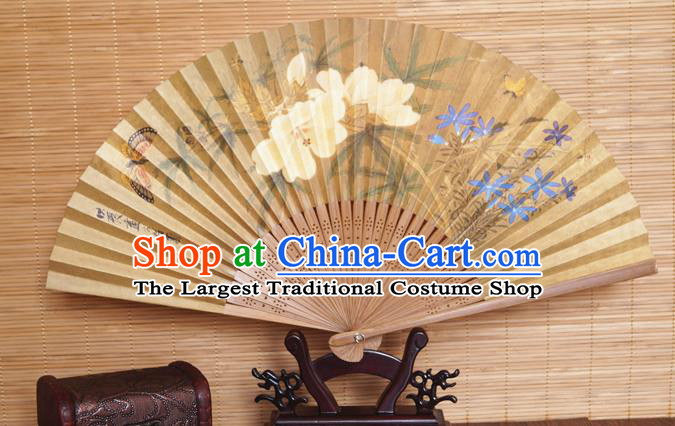 China Handmade Printing Mangnolia Fan Traditional Dance Folding Fans Bamboo Fan Classical Yellow Silk Accordion