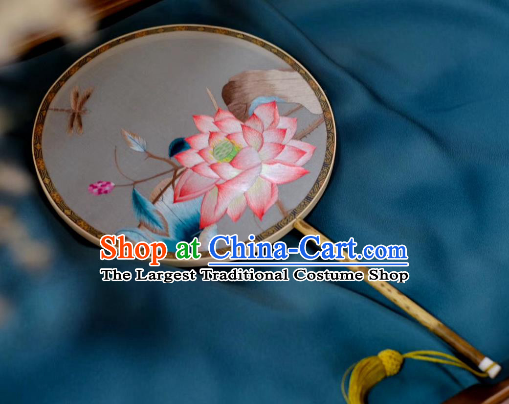 China Suzhou Embroidered Lotus Double Side Fan Traditional Song Dynasty Silk Fans Handmade Hanfu Circular Fan Classical Palace Fan