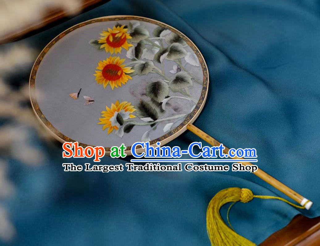 China Classical Palace Fan Suzhou Embroidered Sunflowers Double Side Fan Traditional Song Dynasty Silk Fans Handmade Hanfu Circular Fan