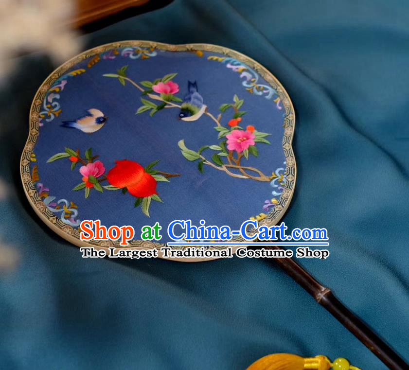 China Classical Palace Fan Double Side Suzhou Embroidered Peach Flowers Fan Handmade Song Dynasty Princess Fans Traditional Hanfu Blue Silk Fan