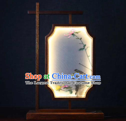 Chinese Handmade LED Lantern Craft Embroidered Chrysanthemum Table Screen Suzhou Embroidery Desk Lamp