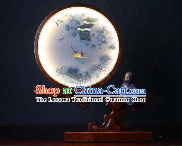 Chinese Suzhou Embroidery Craft Desk Lantern Handmade LED Lamp Embroidered Boat Table Screen