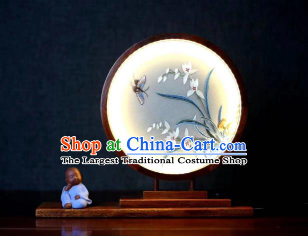 Chinese Double Side Embroidery Craft Desk Lantern Handmade LED Lamp Suzhou Embroidered Orchids Table Screen