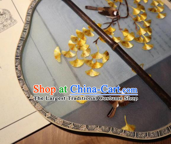 China Handmade Ming Dynasty Court Fans Traditional Hanfu Fan Embroidered Ginkgo Leaf Palace Fan Double Side Blue Silk Fan