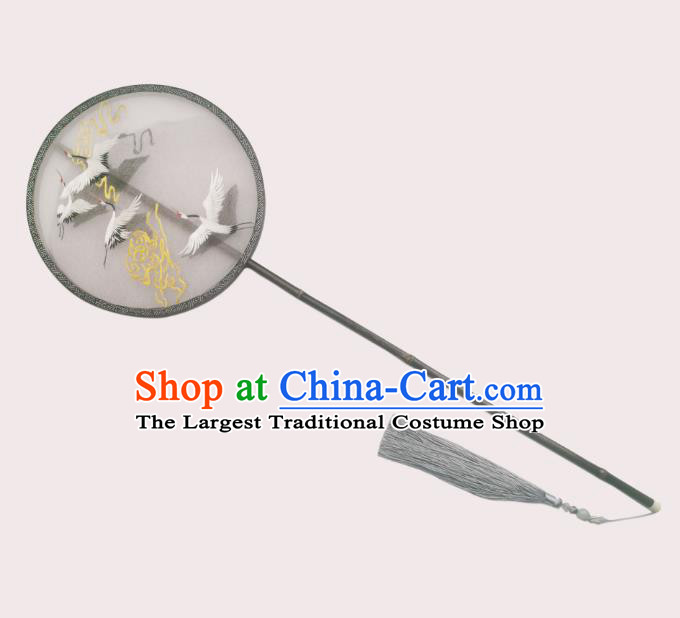 China Embroidered Cranes Palace Fan Handmade Double Side Silk Fan Classical Circular Fans Traditional Hanfu Fan