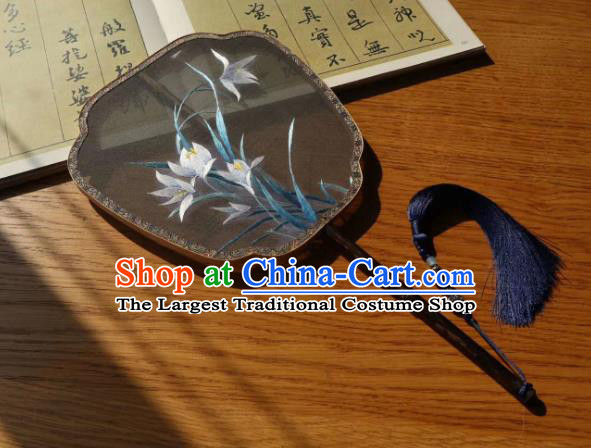 China Classical Dance Fans Traditional Hanfu Fan Embroidered Orchids Palace Fan Handmade Double Side Black Silk Fan