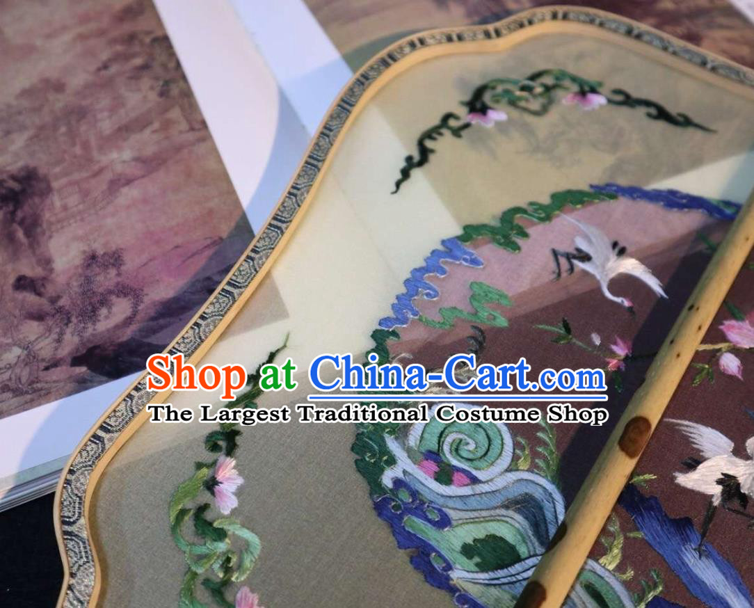 China Embroidered Cranes Palace Fan Handmade Double Side Beige Silk Fan Classical Dance Fans Traditional Ming Dynasty Hanfu Fan