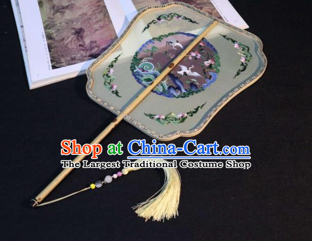 China Embroidered Cranes Palace Fan Handmade Double Side Beige Silk Fan Classical Dance Fans Traditional Ming Dynasty Hanfu Fan
