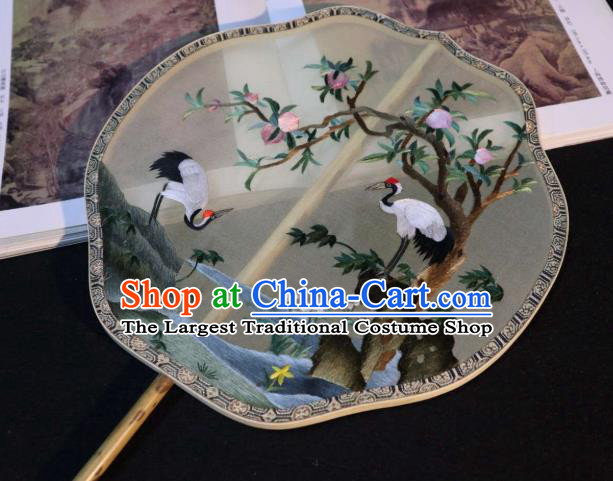 China Traditional Ming Dynasty Hanfu Fan Embroidered Cranes Palace Fan Handmade Double Side Beige Silk Fan Classical Dance Fans