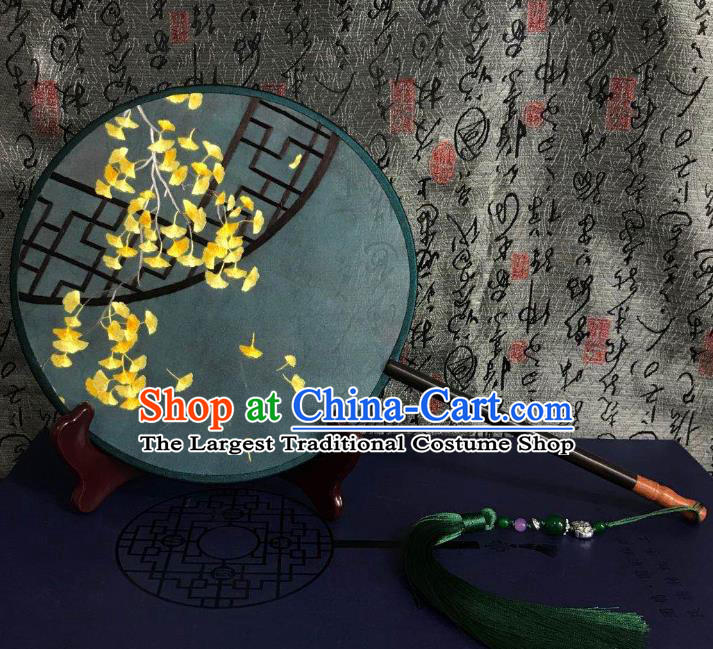 China Handmade Double Side Fan Classical Dance Circular Fans Traditional Hanfu Green Silk Fan Suzhou Embroidered Ginkgo Leaf Palace Fan