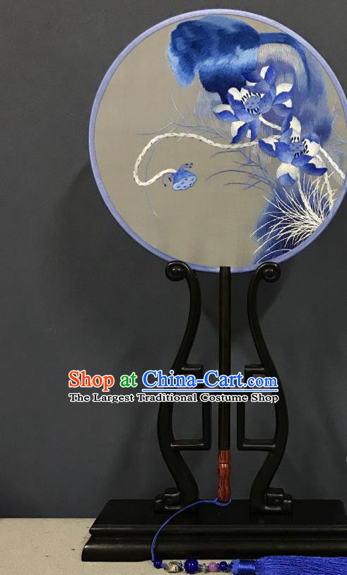 China Classical Dance Circular Fans Traditional Hanfu Silk Fan Suzhou Embroidered Blue Lotus Palace Fan Handmade Double Side Fan