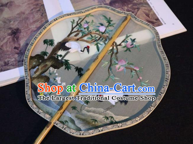 China Traditional Ming Dynasty Hanfu Fan Embroidered Cranes Palace Fan Handmade Double Side Beige Silk Fan Classical Dance Fans