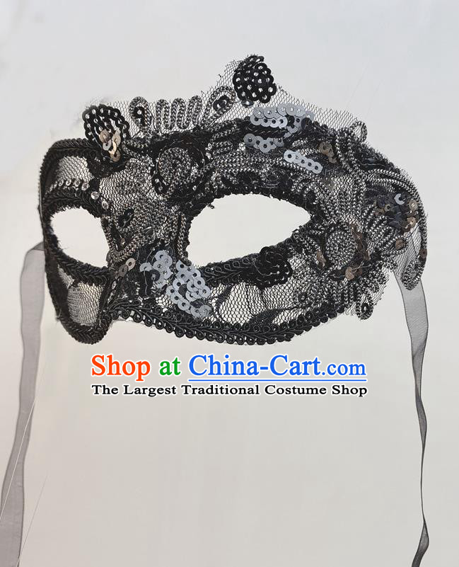 Halloween Stage Performance Deluxe Headpiece Cosplay Party Lace Mask Handmade Black Sequins Face Mask