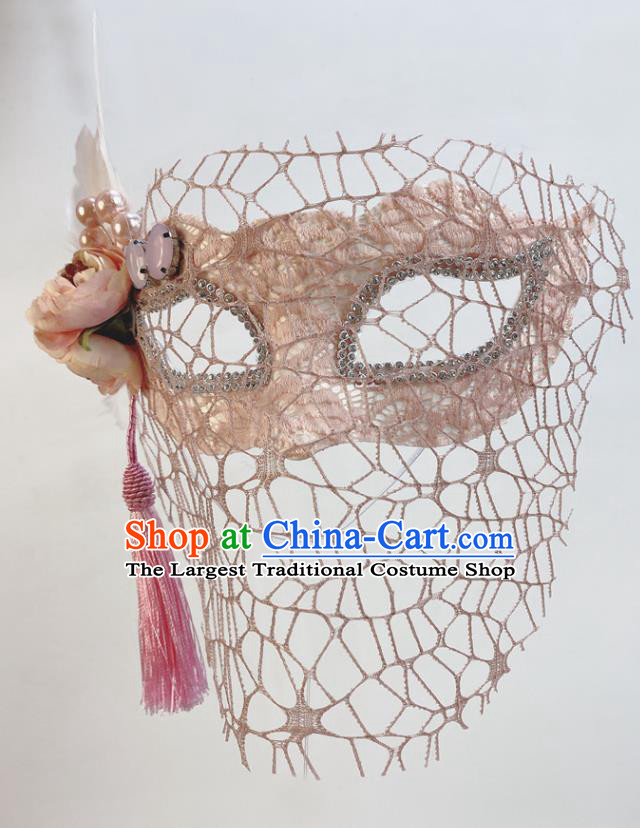 Handmade Pink Peony Face Mask Halloween Stage Performance Deluxe Headpiece Cosplay Party Feather Mask