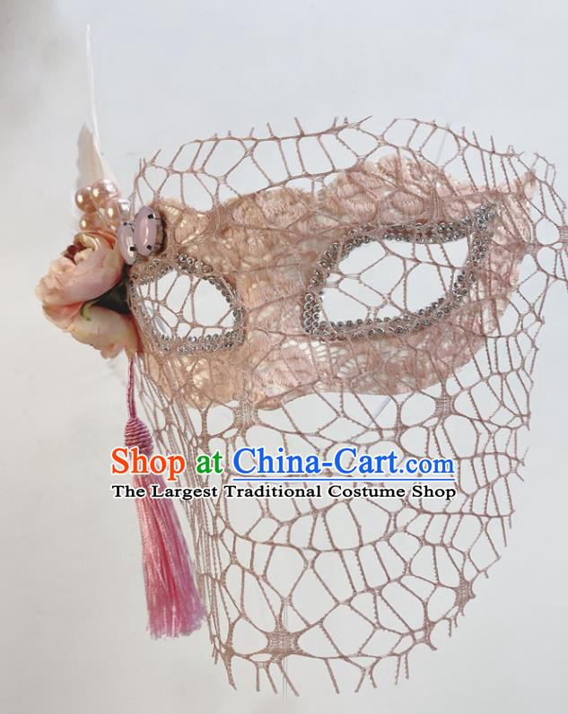 Handmade Pink Peony Face Mask Halloween Stage Performance Deluxe Headpiece Cosplay Party Feather Mask