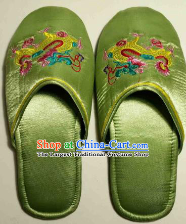 Chinese Handmade Light Green Satin Shoes Embroidery Dragon Slippers Wedding Bride Shoes