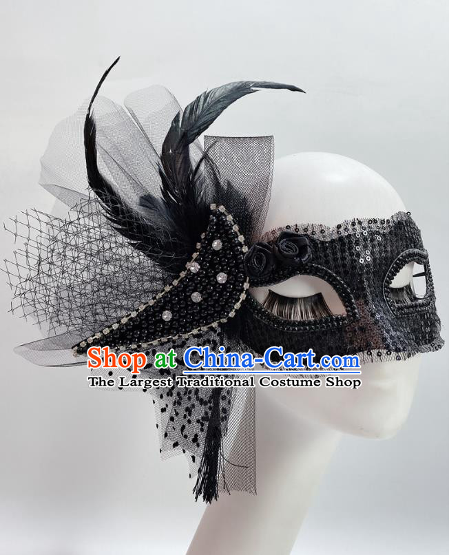 Handmade Deluxe Black Beads Face Mask Stage Performance Blinder Headpiece Halloween Cosplay Party Feather Mask