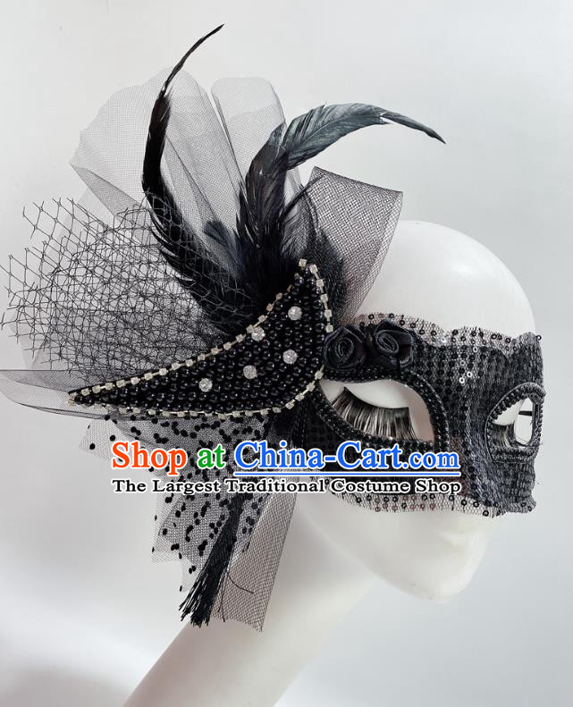 Handmade Deluxe Black Beads Face Mask Stage Performance Blinder Headpiece Halloween Cosplay Party Feather Mask