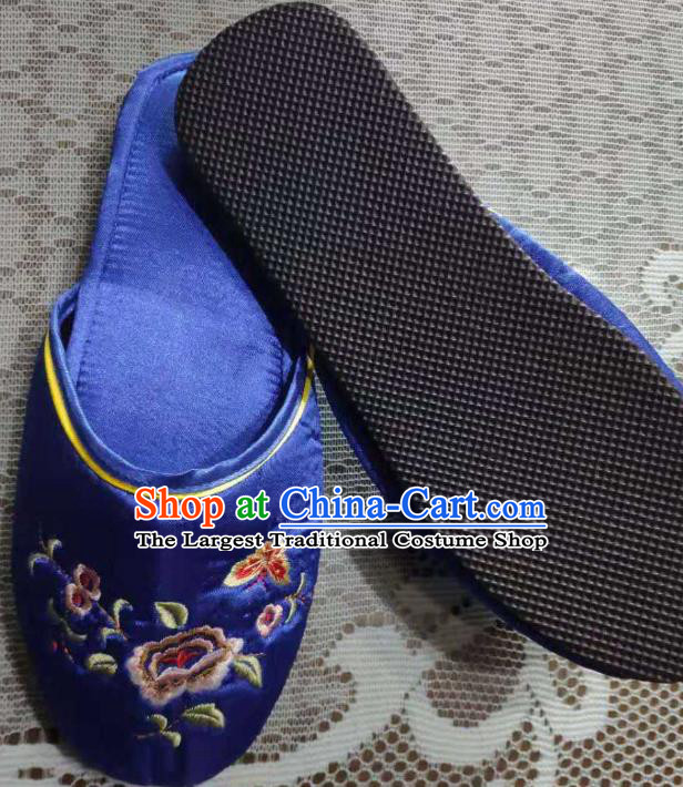 Chinese Embroidery Peony Butterfly Slippers Wedding Bride Shoes Handmade Royalblue Satin Shoes