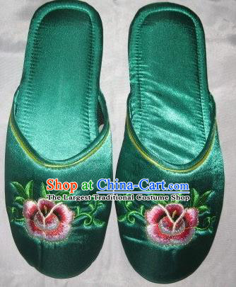 Chinese Embroidery Peony Slippers Wedding Footwear Bride Shoes Handmade Green Satin Shoes