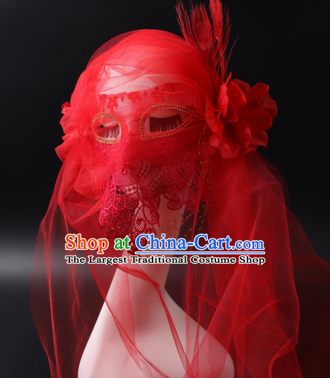 Deluxe Halloween Cosplay Red Veil Mask Lace Face Mask Stage Performance Headpiece