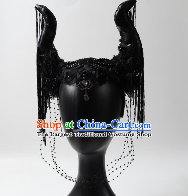 Top Rio Carnival Decorations Halloween Cosplay Hair Accessories Stage Show Black Ox Horn Hair Crown Gothic Giant Headpiece
