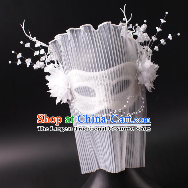 Halloween Cosplay Party White Veil Mask Handmade Face Mask Deluxe Stage Performance Blinder Headpiece