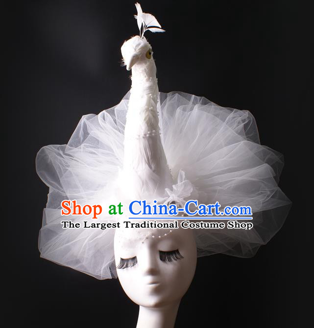 Top Stage Show White Peacock Hair Crown Gothic Giant Headpiece Rio Carnival Decorations Halloween Cosplay Veil Hair Accessories