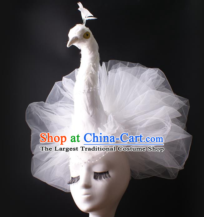 Top Stage Show White Peacock Hair Crown Gothic Giant Headpiece Rio Carnival Decorations Halloween Cosplay Veil Hair Accessories