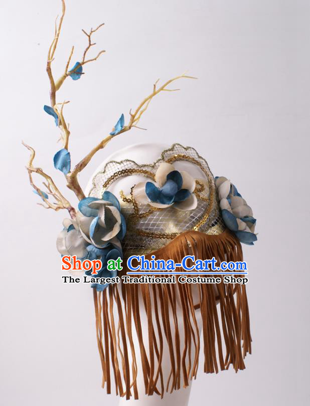 Cosplay Party Deluxe Brown Tassel Mask Handmade Silk Flowers Branch Face Mask Halloween Stage Performance Blinder Headpiece