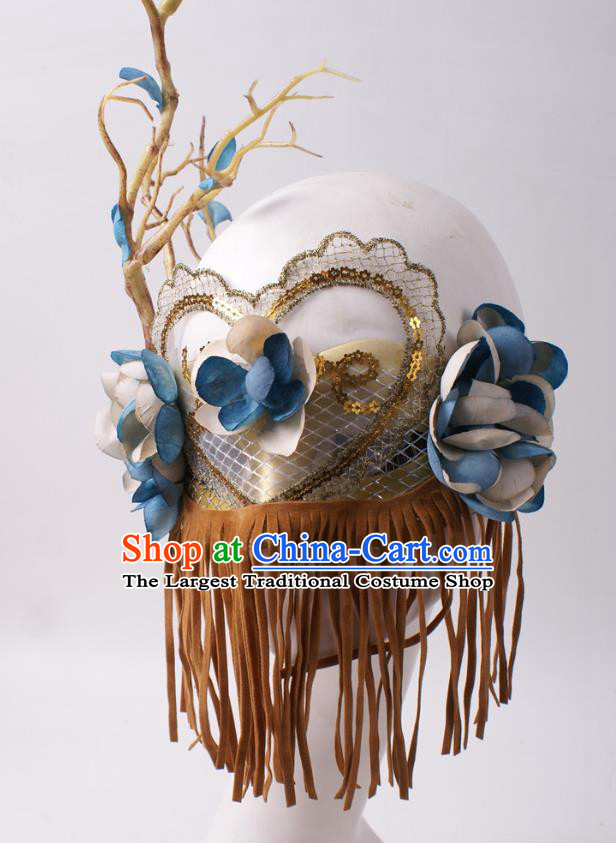 Cosplay Party Deluxe Brown Tassel Mask Handmade Silk Flowers Branch Face Mask Halloween Stage Performance Blinder Headpiece
