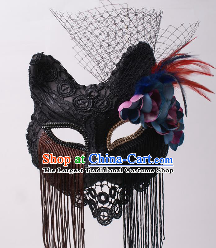 Cosplay Party Deluxe Black Lace Mask Handmade Fox Face Mask Halloween Stage Performance Headpiece
