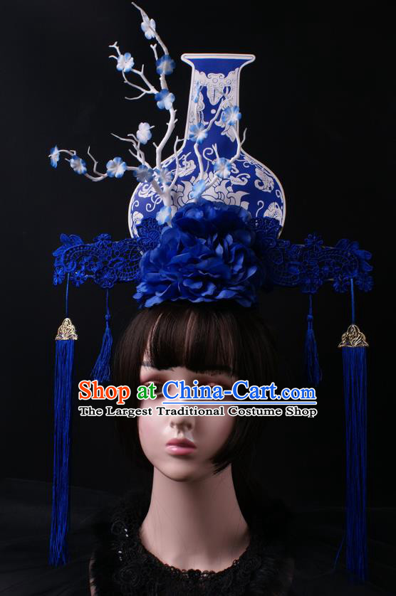 China Stage Show Headdress Catwalks Blue Vase Hair Crown Giant Peony Fan Hair Accessories