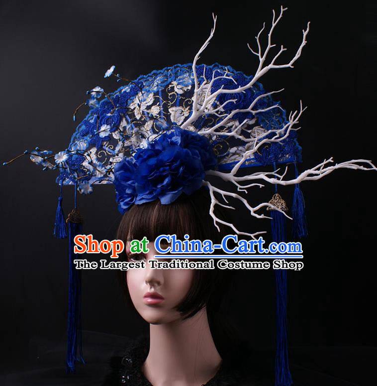 China Giant Blue Lace Fan Hair Accessories Stage Show Headdress Catwalks Tassel Hair Crown