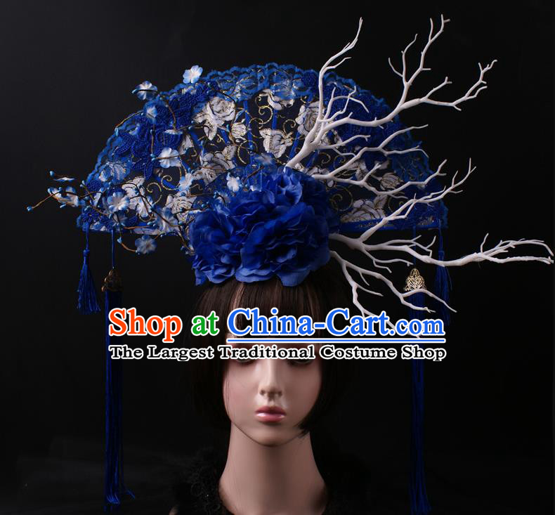 China Giant Blue Lace Fan Hair Accessories Stage Show Headdress Catwalks Tassel Hair Crown