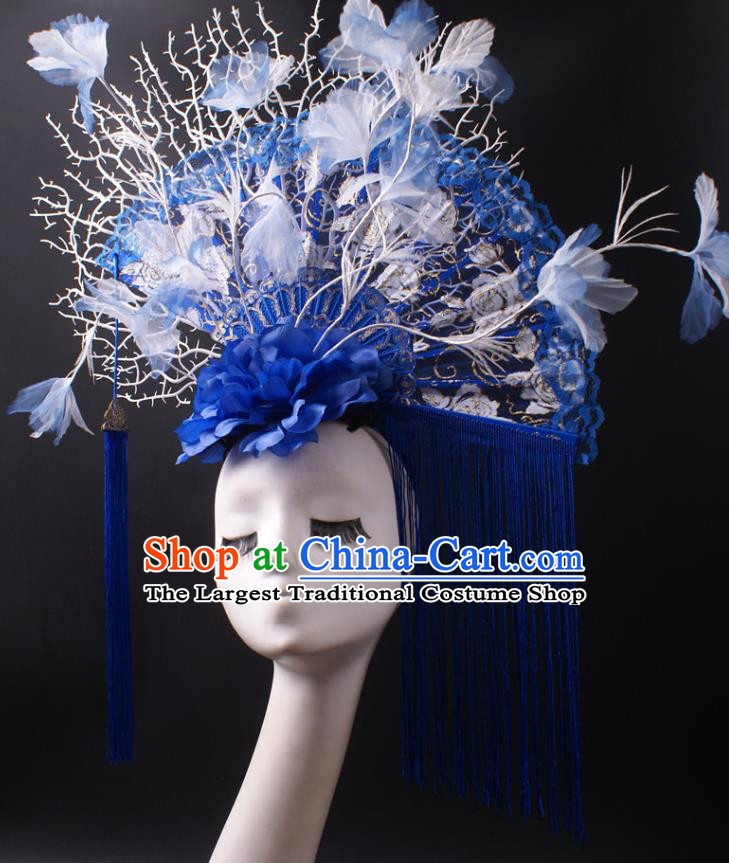 China Catwalks Tassel Hair Crown Giant Blue Lace Fan Hair Accessories Stage Show Headdress