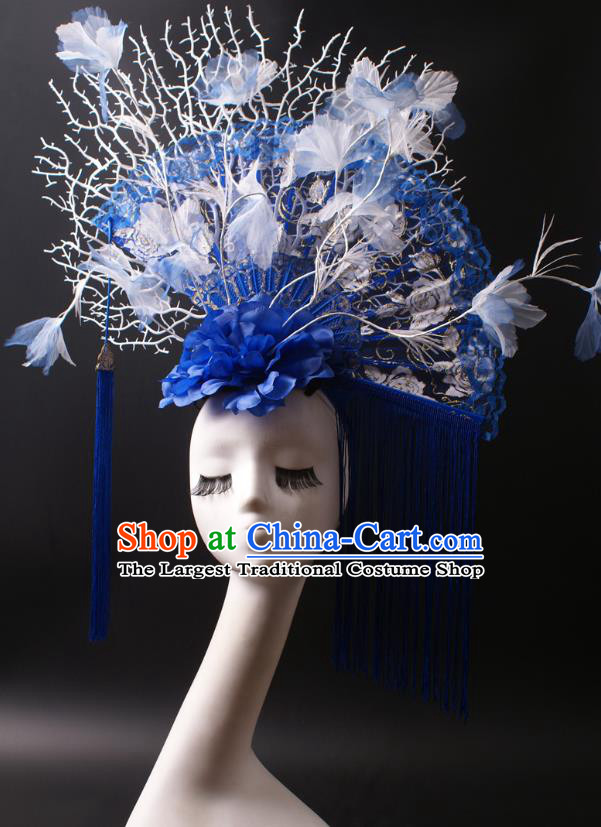 China Catwalks Tassel Hair Crown Giant Blue Lace Fan Hair Accessories Stage Show Headdress