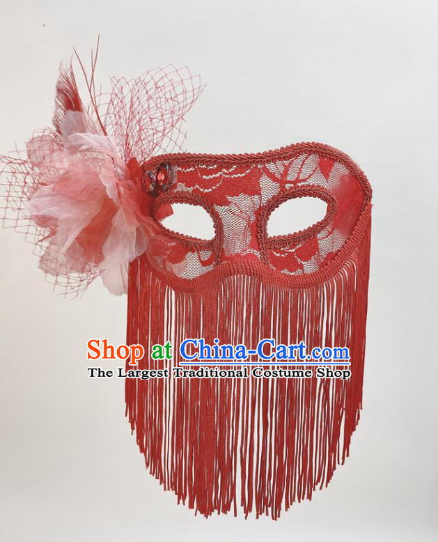 Handmade Red Tassel Face Mask Halloween Stage Performance Headpiece Cosplay Party Deluxe Lace Flower Mask